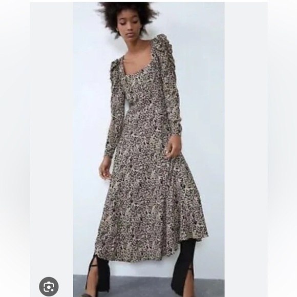 Zara Dresses & Skirts - ZARA Long Puff Sleeve Animal Print Midi Dress Square Neck Size M Blogger fav